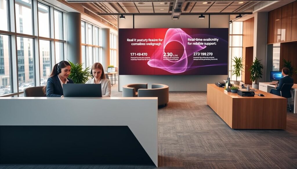 A modern office interior with floor-to-ceiling windows, bathed in warm, natural lighting. In the foreground, a sleek, minimalist reception desk with the UTown logo prominently displayed. Behind the desk, a team of attentive customer service representatives, each with a headset and a focused, helpful expression, ready to assist customers with any inquiries or concerns. The middle ground features comfortable seating areas and small collaboration spaces, fostering a sense of productivity and efficiency. In the background, a large video wall displays real-time updates on the platform's security features and 24/7 availability, conveying a message of comprehensive, reliable support. A modern office interior with floor-to-ceiling windows, bathed in warm, natural lighting. In the foreground, a sleek, minimalist reception desk with the UTown logo prominently displayed. Behind the desk, a team of attentive customer service representatives, each with a headset and a focused, helpful expression, ready to assist customers with any inquiries or concerns. The middle ground features comfortable seating areas and small collaboration spaces, fostering a sense of productivity and efficiency. In the background, a large video wall displays real-time updates on the platform's security features and 24/7 availability, conveying a message of comprehensive, reliable support.