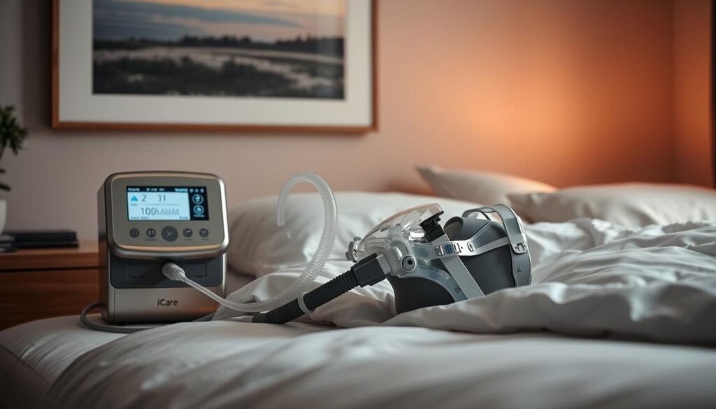 A cozy bedroom filled with soft lighting, showcasing a sleek and modern iCareCPAP sleep apnea machine and breathing apparatus. Delicate medical tubing snakes across the nightstand, leading to a comfortable full-face mask resting on crisp white bedding. The machine's display panel glows with vital statistics, while its brushed metal exterior radiates a sense of advanced medical technology. Framed by a minimalist wooden nightstand and a serene landscape painting, the setup exudes a calming, therapeutic atmosphere, inviting the viewer to envision a restful, restorative night's sleep. A cozy bedroom filled with soft lighting, showcasing a sleek and modern iCareCPAP sleep apnea machine and breathing apparatus. Delicate medical tubing snakes across the nightstand, leading to a comfortable full-face mask resting on crisp white bedding. The machine's display panel glows with vital statistics, while its brushed metal exterior radiates a sense of advanced medical technology. Framed by a minimalist wooden nightstand and a serene landscape painting, the setup exudes a calming, therapeutic atmosphere, inviting the viewer to envision a restful, restorative night's sleep.