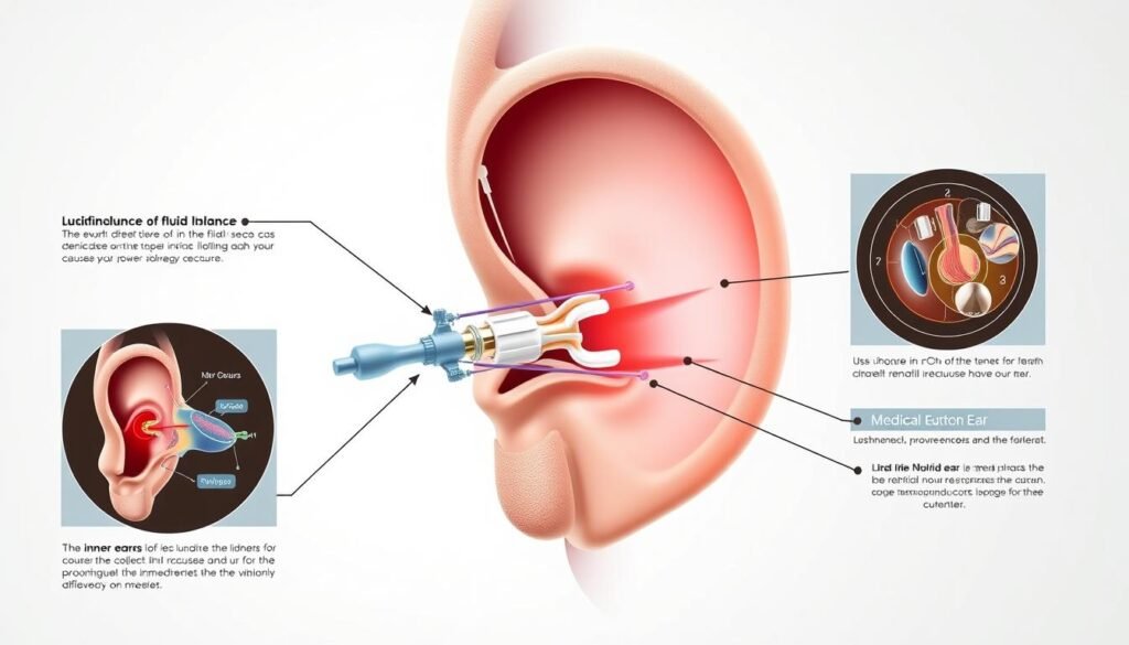 A detailed medical diagram depicting the inner ear and the various components involved in the treatment of fluid imbalance. The image should be rendered in a clean, technical style with a neutral color palette, emphasizing the anatomical structures and biological processes at play. The composition should balance a central cross-sectional view of the ear with inset illustrations or infographics explaining the underlying causes and potential remedies for the condition. Utilize realistic lighting and perspective to convey a sense of depth and three-dimensionality, while maintaining a clinical, informative tone appropriate for the subject matter. A detailed medical diagram depicting the inner ear and the various components involved in the treatment of fluid imbalance. The image should be rendered in a clean, technical style with a neutral color palette, emphasizing the anatomical structures and biological processes at play. The composition should balance a central cross-sectional view of the ear with inset illustrations or infographics explaining the underlying causes and potential remedies for the condition. Utilize realistic lighting and perspective to convey a sense of depth and three-dimensionality, while maintaining a clinical, informative tone appropriate for the subject matter.