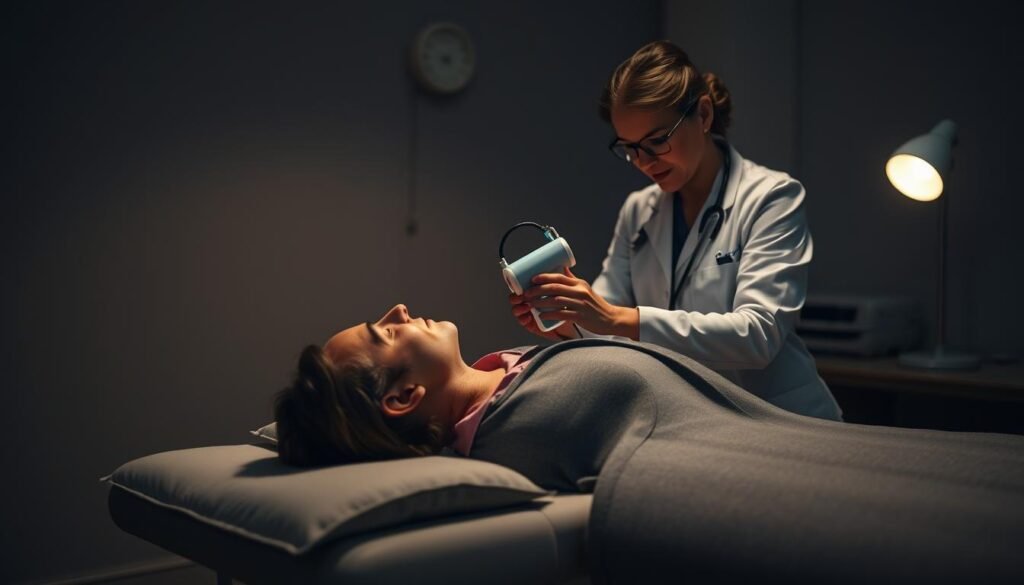 A dimly lit examination room, the patient resting on a cushioned table as a medical practitioner carefully positions a specialized device near their ear. The device emits gentle vibrations, stimulating the inner ear to help restore balanced fluid levels. Soft lighting casts a warm glow, creating an atmosphere of therapeutic care. The scene conveys the patient's trust in the practitioner's expertise, as they work together to address the challenges of inner ear imbalance. A sense of calm and focus pervades the space, reflecting the patient's hope for improved vestibular function through this innovative balance training technique. A dimly lit examination room, the patient resting on a cushioned table as a medical practitioner carefully positions a specialized device near their ear. The device emits gentle vibrations, stimulating the inner ear to help restore balanced fluid levels. Soft lighting casts a warm glow, creating an atmosphere of therapeutic care. The scene conveys the patient's trust in the practitioner's expertise, as they work together to address the challenges of inner ear imbalance. A sense of calm and focus pervades the space, reflecting the patient's hope for improved vestibular function through this innovative balance training technique.