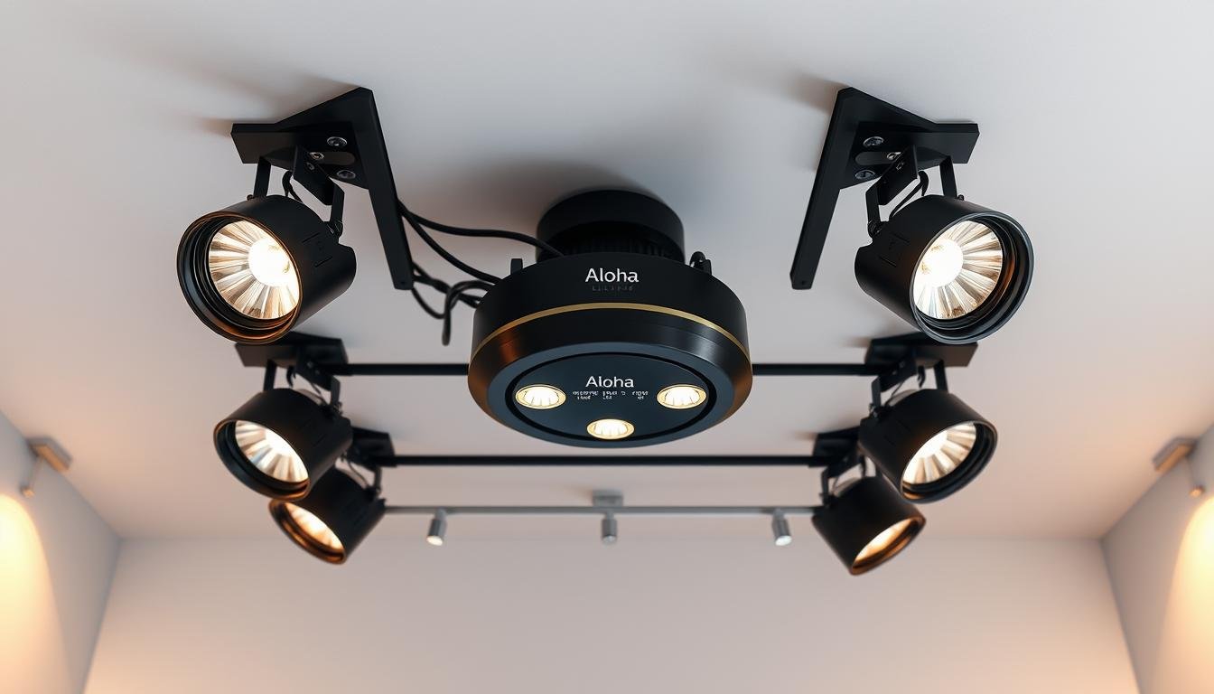 A high-quality, reliable lighting system featuring the Aloha brand, comprising a central hub with multiple adjustable spotlights aimed to evenly illuminate a room. The spotlights have precisely engineered reflectors and lenses to provide optimal light distribution and color rendering. The system is integrated with smart home controls, allowing for seamless adjustment of brightness, color temperature, and scheduling to maintain consistent, stable lighting for various activities. Sleek, minimalist industrial design blends elegantly with the room's decor, creating a professional, well-lit ambiance ideal for a workspace or home office.