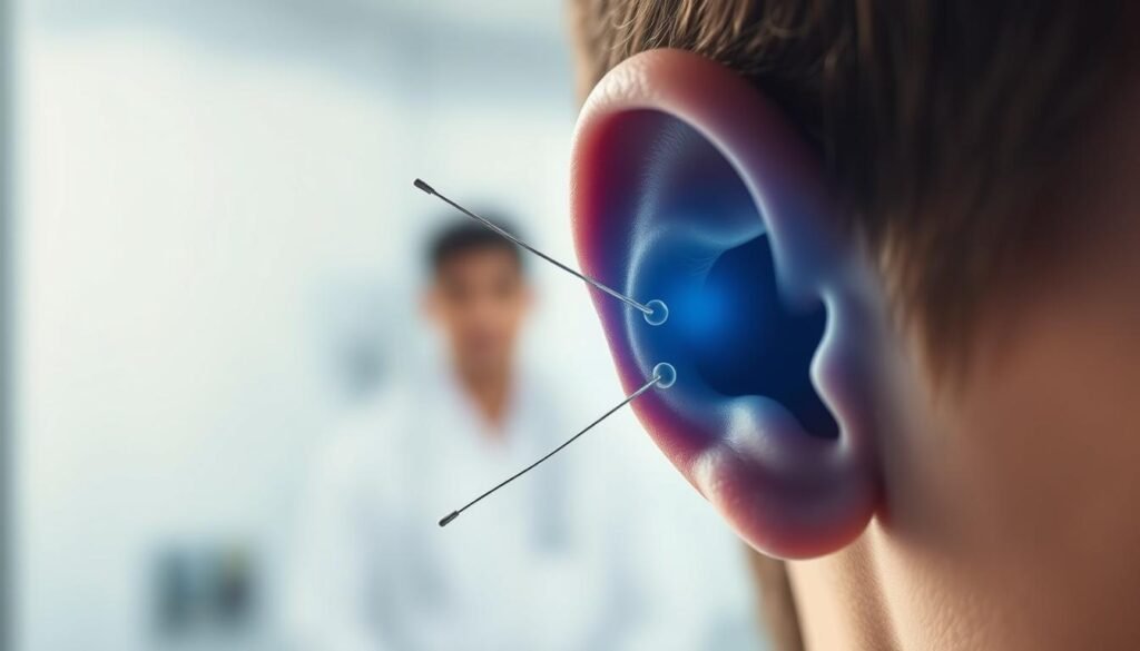 A high-resolution, photorealistic illustration of a person's ear against a blurred medical background, showcasing symptoms of inner ear fluid imbalance such as vertigo, dizziness, and muffled hearing. The image should capture the disruptive effects of the condition with scientific accuracy, using a soft, naturalistic lighting setup and a shallow depth of field to draw the viewer's attention to the focal point. The overall tone should convey a sense of concern and the need for medical intervention, while maintaining a professional, diagnostic aesthetic suitable for a medical article. A high-resolution, photorealistic illustration of a person's ear against a blurred medical background, showcasing symptoms of inner ear fluid imbalance such as vertigo, dizziness, and muffled hearing. The image should capture the disruptive effects of the condition with scientific accuracy, using a soft, naturalistic lighting setup and a shallow depth of field to draw the viewer's attention to the focal point. The overall tone should convey a sense of concern and the need for medical intervention, while maintaining a professional, diagnostic aesthetic suitable for a medical article.