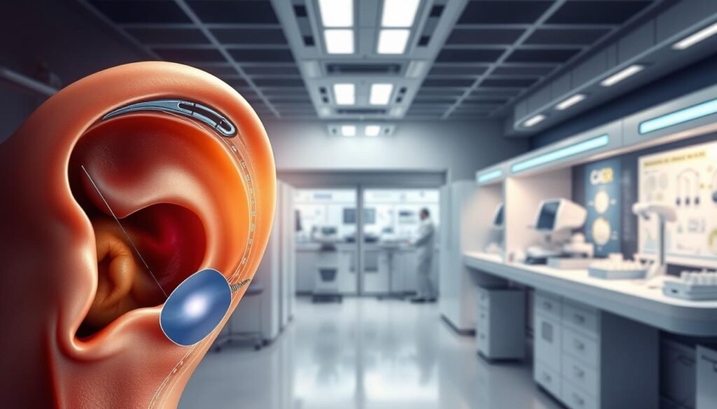 A highly detailed and realistic medical illustration depicting the latest progress and challenges in treating inner ear fluid imbalance. The foreground shows a cross-section of the inner ear, with the anatomy clearly labeled and the areas affected by fluid imbalance highlighted. The middle ground presents various medical devices and treatments, such as specialized hearing aids, surgical tools, and drug delivery systems. The background features a sterile, high-tech medical research laboratory setting, with scientific equipment and diagrams of the underlying physiological processes. The overall scene conveys a sense of scientific advancement and the continuous effort to find innovative solutions for this complex health issue.