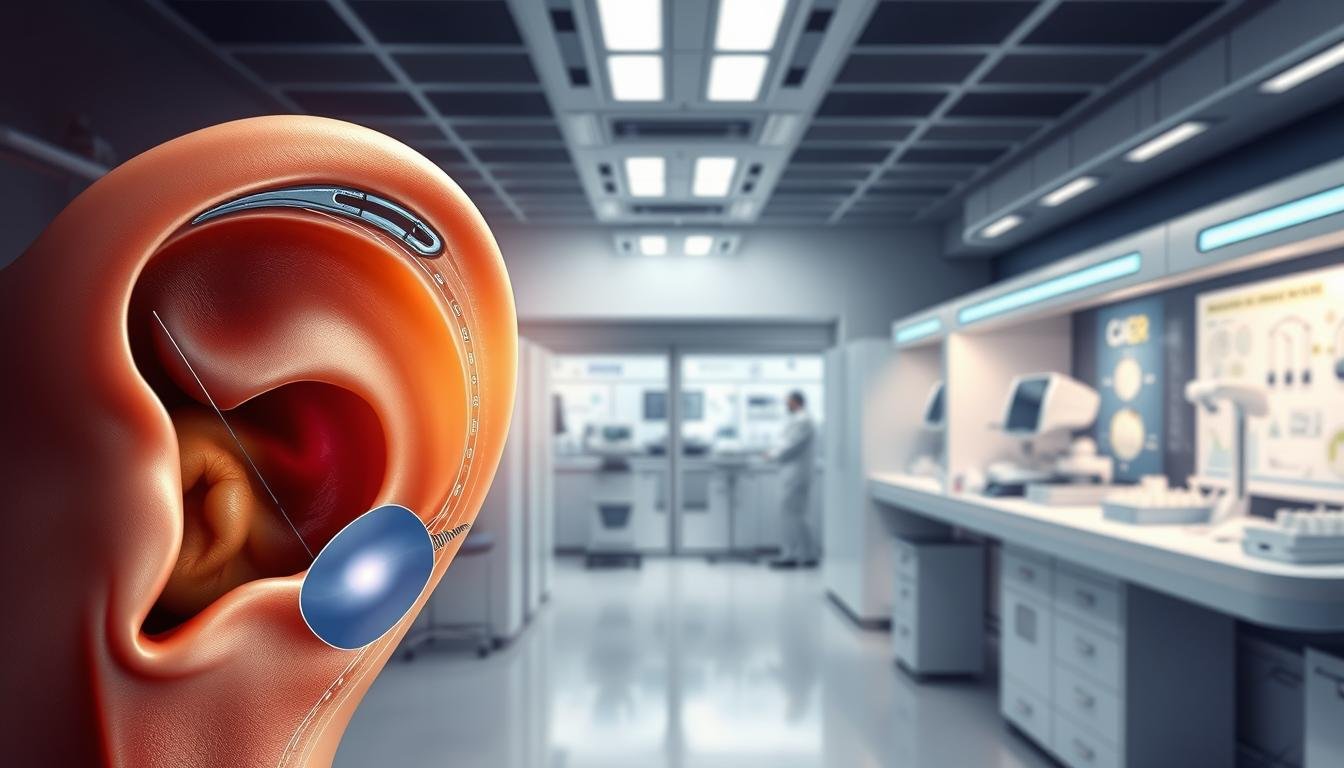 A highly detailed and realistic medical illustration depicting the latest progress and challenges in treating inner ear fluid imbalance. The foreground shows a cross-section of the inner ear, with the anatomy clearly labeled and the areas affected by fluid imbalance highlighted. The middle ground presents various medical devices and treatments, such as specialized hearing aids, surgical tools, and drug delivery systems. The background features a sterile, high-tech medical research laboratory setting, with scientific equipment and diagrams of the underlying physiological processes. The overall scene conveys a sense of scientific advancement and the continuous effort to find innovative solutions for this complex health issue.