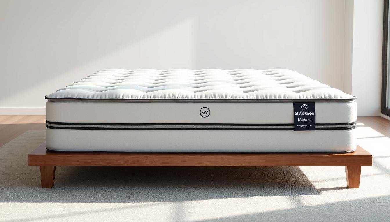 A luxurious, contemporary independent coil spring mattress by StylesMaven, with a sleek and modern aesthetic. The mattress is depicted in a well-lit, airy bedroom setting, showcasing its premium construction and attention to detail. The mattress features a crisp, white cover accentuated by clean lines and subtle tufting, resting atop a minimalist, wood-framed bed frame. The scene exudes a sense of comfort and relaxation, inviting the viewer to experience the exceptional support and durability of this high-quality independent coil spring mattress.