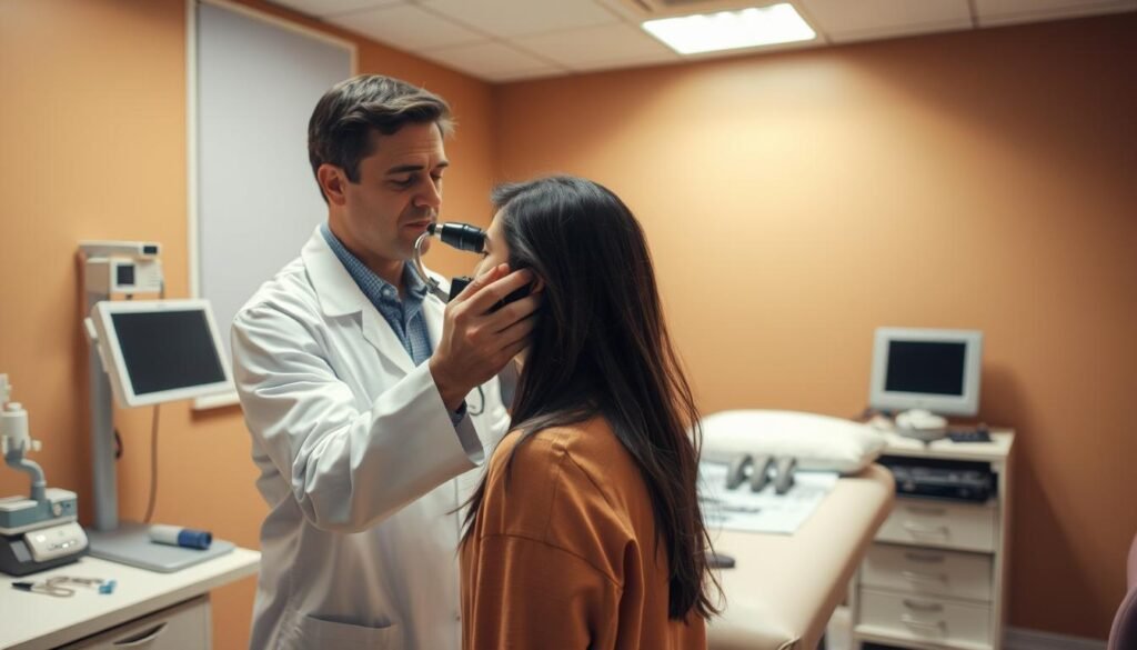 A medical office interior with a warm, calming atmosphere. In the foreground, a doctor in a white coat examines a patient's ear using an otoscope. The patient's expression conveys concern. In the middle ground, various medical instruments and equipment are neatly arranged on a clean, well-lit examination table. The background features soothing earth-toned walls, suggesting a professional yet reassuring environment. Soft, diffused lighting from overhead fixtures casts a gentle glow, creating a sense of trust and care. The scene emphasizes the importance of seeking qualified medical attention for resolving ear water imbalance issues. A medical office interior with a warm, calming atmosphere. In the foreground, a doctor in a white coat examines a patient's ear using an otoscope. The patient's expression conveys concern. In the middle ground, various medical instruments and equipment are neatly arranged on a clean, well-lit examination table. The background features soothing earth-toned walls, suggesting a professional yet reassuring environment. Soft, diffused lighting from overhead fixtures casts a gentle glow, creating a sense of trust and care. The scene emphasizes the importance of seeking qualified medical attention for resolving ear water imbalance issues.