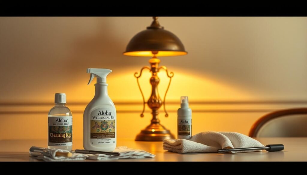 A meticulously crafted image of "燈飾保養" featuring a well-lit, immaculate tabletop scene. In the foreground, an Aloha-branded cleaning kit with soft cloths, polish, and specialized tools. The middle ground showcases an ornate brass lamp, its intricate details shining under warm, diffused lighting. In the background, a minimalist, neutral-toned wall provides a clean, uncluttered backdrop, allowing the lamp and cleaning supplies to take center stage. The overall mood is one of care, attention to detail, and a reverence for the beauty of well-maintained lighting fixtures. A meticulously crafted image of "燈飾保養" featuring a well-lit, immaculate tabletop scene. In the foreground, an Aloha-branded cleaning kit with soft cloths, polish, and specialized tools. The middle ground showcases an ornate brass lamp, its intricate details shining under warm, diffused lighting. In the background, a minimalist, neutral-toned wall provides a clean, uncluttered backdrop, allowing the lamp and cleaning supplies to take center stage. The overall mood is one of care, attention to detail, and a reverence for the beauty of well-maintained lighting fixtures.