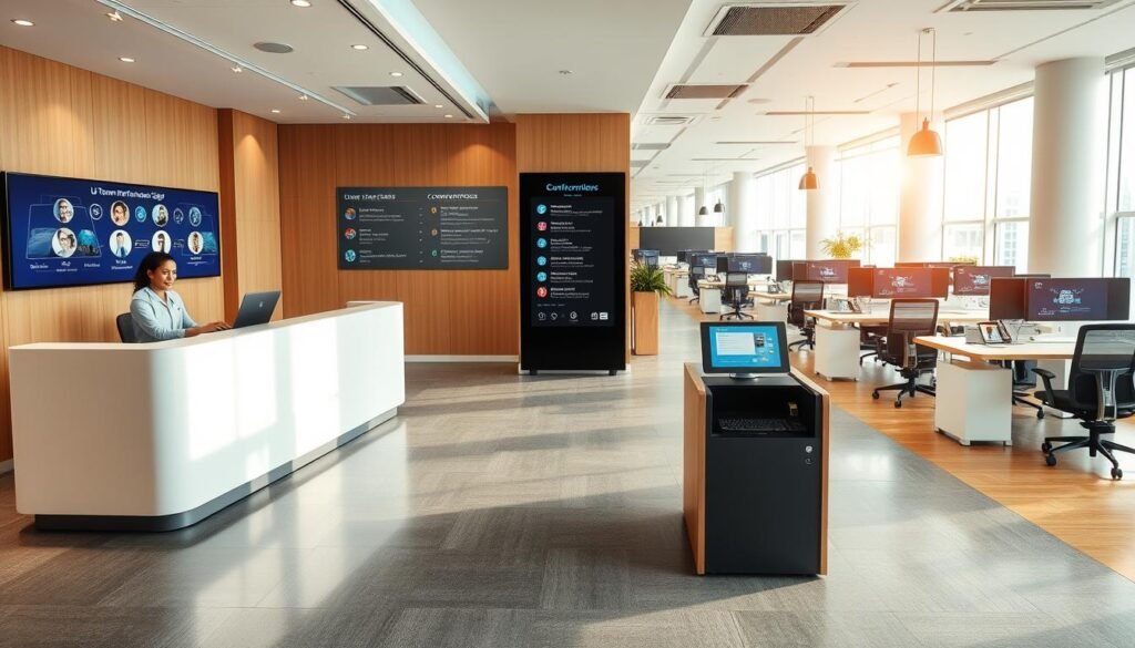 A modern and vibrant office interior with multiple communication channels for the UTown Entertainment City customer service. In the foreground, a sleek, minimalist reception desk with a helpful staff member ready to assist. Mid-ground showcases several phone stations, a live chat kiosk, and a digital display board highlighting various contact options. The background features an open-concept workspace with ergonomic desks, comfortable seating, and large windows allowing natural light to flood the space, creating a warm and inviting atmosphere. The overall design emphasizes efficiency, accessibility, and a dedicated commitment to customer satisfaction. A modern and vibrant office interior with multiple communication channels for the UTown Entertainment City customer service. In the foreground, a sleek, minimalist reception desk with a helpful staff member ready to assist. Mid-ground showcases several phone stations, a live chat kiosk, and a digital display board highlighting various contact options. The background features an open-concept workspace with ergonomic desks, comfortable seating, and large windows allowing natural light to flood the space, creating a warm and inviting atmosphere. The overall design emphasizes efficiency, accessibility, and a dedicated commitment to customer satisfaction.