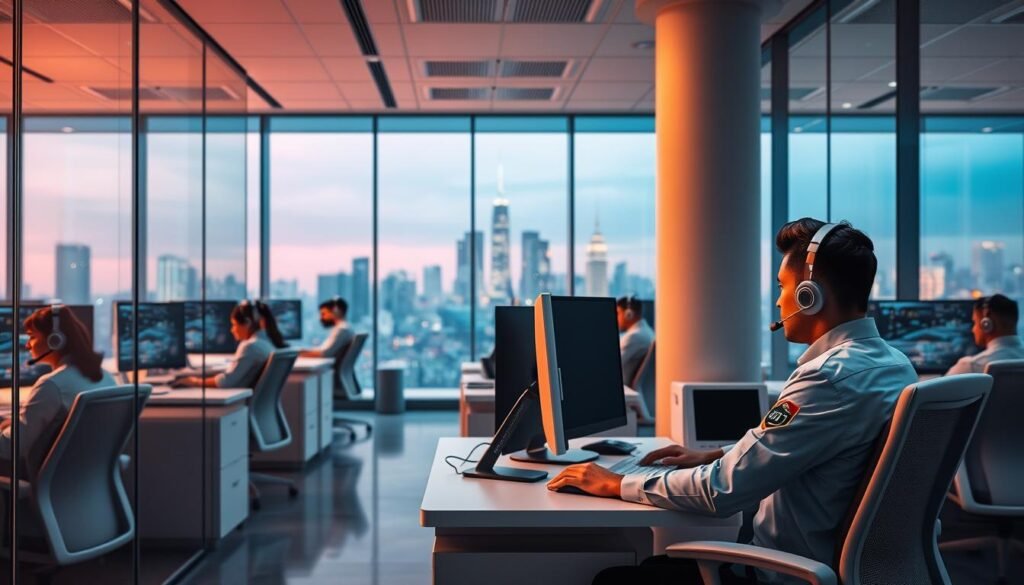 A modern office interior with sleek glass walls and minimalist furniture. In the foreground, a person in a UTown uniform is seated at a desk, intently focused on a computer screen as they provide technical support to a customer. The middle ground features rows of ergonomic workstations, each staffed by a UTown representative, creating an atmosphere of efficiency and professionalism. The background showcases a striking city skyline visible through the panoramic windows, bathed in warm, diffused lighting that creates a calming, productive ambiance. The overall scene conveys the sense of a well-equipped, customer-oriented technical support center for the UTown gaming platform. A modern office interior with sleek glass walls and minimalist furniture. In the foreground, a person in a UTown uniform is seated at a desk, intently focused on a computer screen as they provide technical support to a customer. The middle ground features rows of ergonomic workstations, each staffed by a UTown representative, creating an atmosphere of efficiency and professionalism. The background showcases a striking city skyline visible through the panoramic windows, bathed in warm, diffused lighting that creates a calming, productive ambiance. The overall scene conveys the sense of a well-equipped, customer-oriented technical support center for the UTown gaming platform.