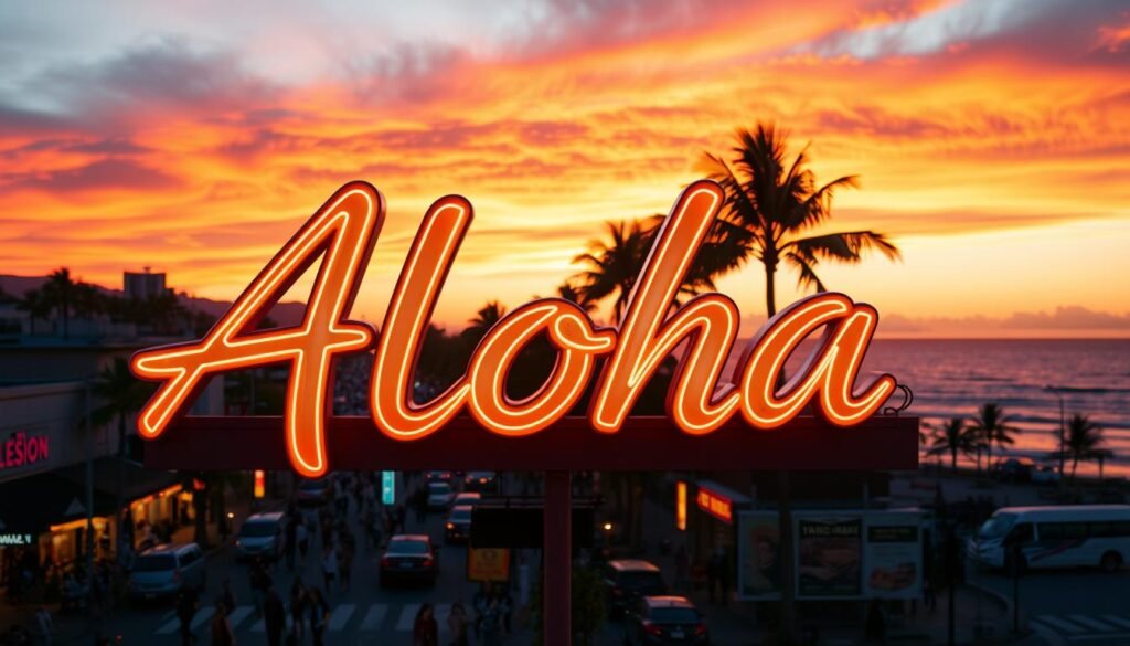 A neon-lit advertisement signage for the tropical brand "Aloha" against a vibrant sunset sky. In the foreground, the letters "Aloha" glow with a warm, retro-futuristic aesthetic, casting a soft light on the surrounding scene. In the middle ground, a bustling urban street with busy pedestrians and vehicles, highlighting the signage's prominent placement. The background features a picturesque coastal landscape, with palm trees silhouetted against a fiery orange and pink horizon, evoking a sense of island paradise. The overall mood is one of inviting energy, cultural fusion, and the allure of an exotic locale. A neon-lit advertisement signage for the tropical brand "Aloha" against a vibrant sunset sky. In the foreground, the letters "Aloha" glow with a warm, retro-futuristic aesthetic, casting a soft light on the surrounding scene. In the middle ground, a bustling urban street with busy pedestrians and vehicles, highlighting the signage's prominent placement. The background features a picturesque coastal landscape, with palm trees silhouetted against a fiery orange and pink horizon, evoking a sense of island paradise. The overall mood is one of inviting energy, cultural fusion, and the allure of an exotic locale.