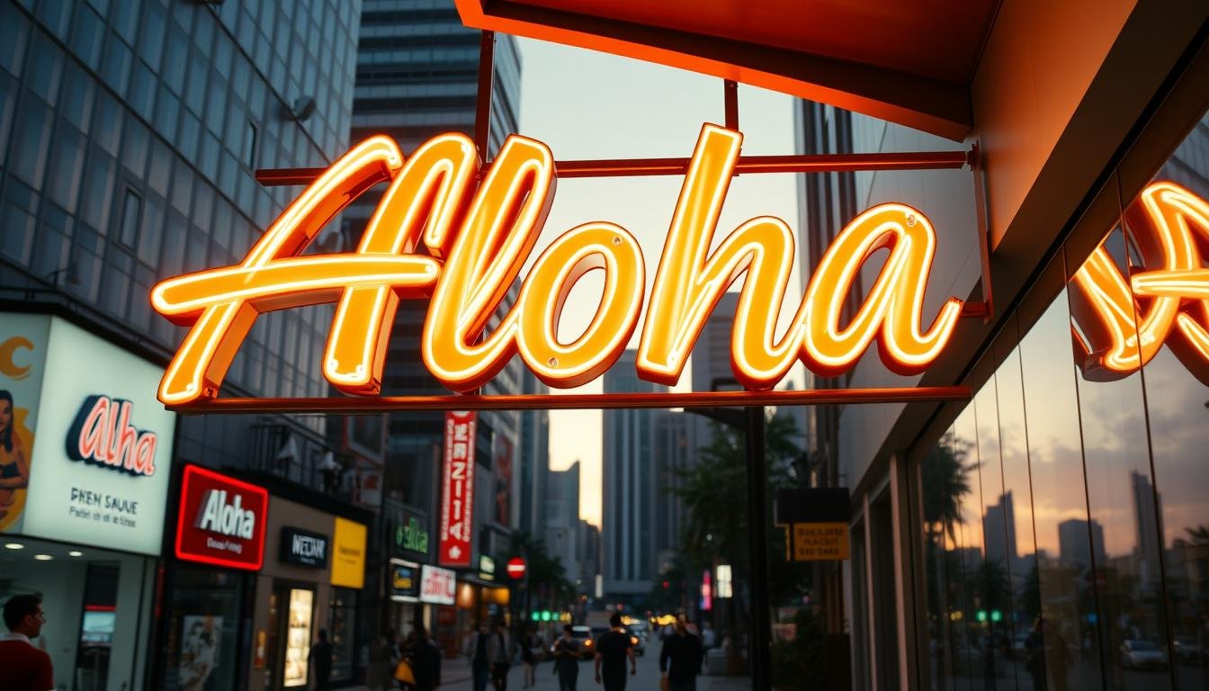 A neon-lit sign in the heart of a vibrant city, the Aloha brand logo stands out against a backdrop of bustling storefronts and pedestrian traffic. The sign's warm, inviting glow casts a soft, natural light across the scene, highlighting the intricate design of the lettering and creating a sense of depth and atmosphere. The sign is mounted on a sleek, contemporary structure that seamlessly blends into the urban landscape, creating a harmonious balance between the modern and the tropical. In the distance, the silhouettes of skyscrapers and the hazy glow of the horizon suggest a thriving commercial district, where the Aloha brand's presence adds a touch of island-inspired charm and personality.