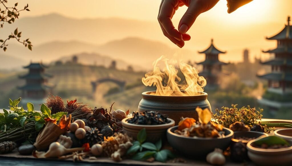 A serene scene depicting traditional Chinese herbal medicine and its application in treating ear imbalance. In the foreground, an array of aromatic herbs and natural ingredients are meticulously arranged, their earthy hues and textures conveying the holistic approach. In the middle ground, a practitioner's hands gently administer a therapeutic herbal concoction, the steam rising in soft, billowing wisps. The background features a tranquil Chinese landscape, with rolling hills, pagodas, and a hazy, golden-hour sky, evoking a sense of ancient wisdom and harmony. The lighting is soft and diffused, casting a warm, soothing glow over the scene. The overall mood is one of peace, balance, and the restorative power of traditional Chinese medicine. A serene scene depicting traditional Chinese herbal medicine and its application in treating ear imbalance. In the foreground, an array of aromatic herbs and natural ingredients are meticulously arranged, their earthy hues and textures conveying the holistic approach. In the middle ground, a practitioner's hands gently administer a therapeutic herbal concoction, the steam rising in soft, billowing wisps. The background features a tranquil Chinese landscape, with rolling hills, pagodas, and a hazy, golden-hour sky, evoking a sense of ancient wisdom and harmony. The lighting is soft and diffused, casting a warm, soothing glow over the scene. The overall mood is one of peace, balance, and the restorative power of traditional Chinese medicine.