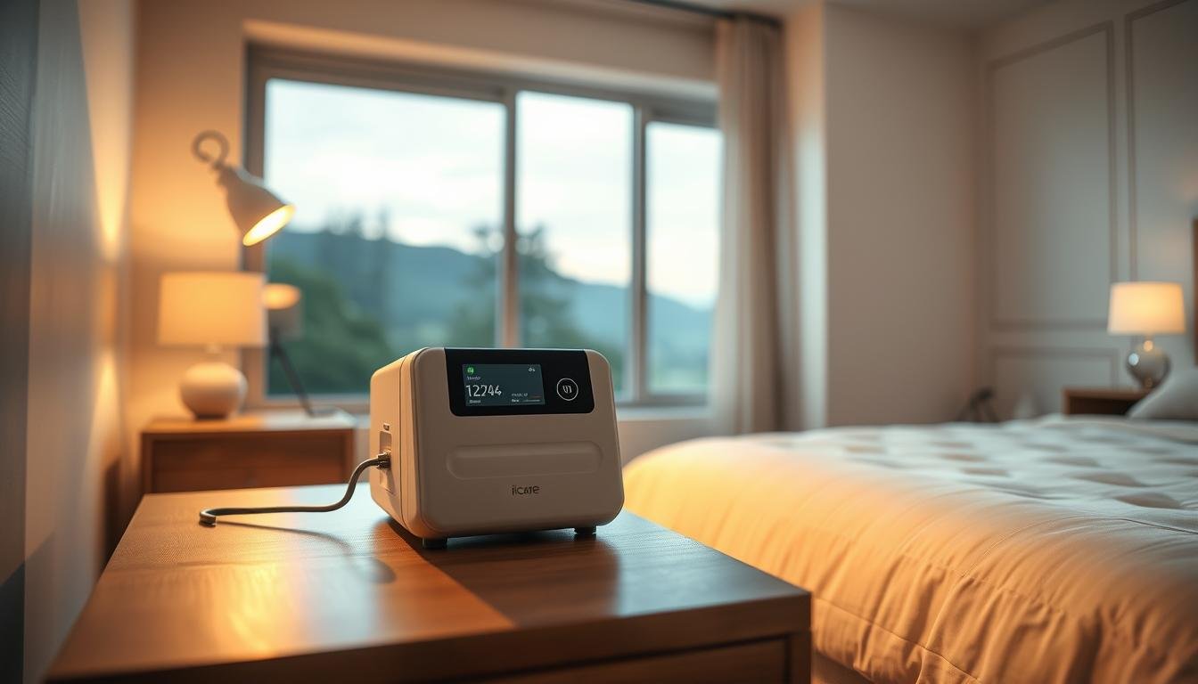 A serene, well-lit bedroom scene with a nightstand displaying the iCareCPAP sleep apnea machine. The device sits on a wooden surface, its sleek, minimalist design blending seamlessly with the room's warm, soft lighting. In the background, a large window offers a view of a tranquil, natural landscape, creating a calming atmosphere. The scene conveys a sense of comfort and safety, emphasizing the importance of proper sleep apnea management in a home healthcare setting.