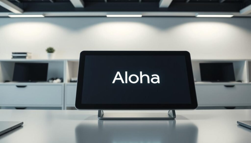 A sleek and modern LED display board with the brand name "Aloha" prominently featured in the center. The display shows a clean, minimal interface with a monochrome color scheme, casting a soft, ambient glow. The device is positioned on a minimalist desk or tabletop, surrounded by a clutter-free, contemporary workspace. Subtle lighting from above illuminates the display, creating depth and dimension. The overall scene conveys a sense of professional, high-tech sophistication suitable for a section on "字幕機的種類：從簡單到複雜的選擇".