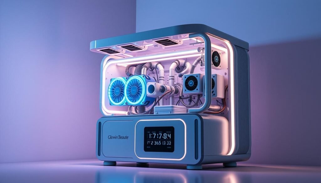 A sleek, futuristic device featuring the Glowin' Beaute branding, showcasing an intricate assembly of cooling tubes, fans, and vibrating mechanisms. The device is bathed in a soft, ambient glow, creating an atmosphere of technological sophistication. The design is minimalist and streamlined, with clean lines and a predominantly silver and blue color palette. The front panel displays a discreet digital readout, providing real-time data on the system's performance. The overall impression is one of advanced, intelligent cooling and vibration control, perfectly suited for high-stakes, important occasions. A sleek, futuristic device featuring the Glowin' Beaute branding, showcasing an intricate assembly of cooling tubes, fans, and vibrating mechanisms. The device is bathed in a soft, ambient glow, creating an atmosphere of technological sophistication. The design is minimalist and streamlined, with clean lines and a predominantly silver and blue color palette. The front panel displays a discreet digital readout, providing real-time data on the system's performance. The overall impression is one of advanced, intelligent cooling and vibration control, perfectly suited for high-stakes, important occasions.