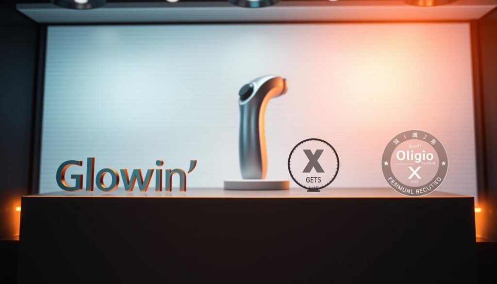 A sleek, modern display showcasing the "Glowin' Beaute" brand and its "Oligio X 原美電波國際認證" certification. The foreground features the brand logo and certification seals, rendered in a premium metallic finish under warm, directional lighting. The middle ground depicts the product itself, a high-tech skincare device, captured from an angle that highlights its elegant, ergonomic design. The background is a clean, minimalist environment, with subtle linear textures and gradients that convey a sense of technological sophistication and authority. The overall composition and lighting work together to project an image of quality, innovation, and global recognition. A sleek, modern display showcasing the "Glowin' Beaute" brand and its "Oligio X 原美電波國際認證" certification. The foreground features the brand logo and certification seals, rendered in a premium metallic finish under warm, directional lighting. The middle ground depicts the product itself, a high-tech skincare device, captured from an angle that highlights its elegant, ergonomic design. The background is a clean, minimalist environment, with subtle linear textures and gradients that convey a sense of technological sophistication and authority. The overall composition and lighting work together to project an image of quality, innovation, and global recognition.