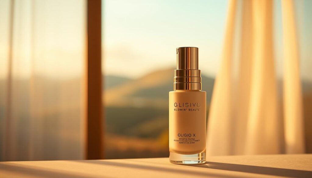 A vibrant and radiant portrait showcasing Oligio X 原美電波, a revitalizing skincare treatment by the renowned brand Glowin' Beaute. Set against a softly blurred backdrop, the product is displayed in the foreground, bathed in warm, natural lighting that accentuates its sleek, minimalist design. The middle ground features a serene, ethereal landscape, hinting at the calming and rejuvenating effects of the treatment. The overall composition conveys a sense of elegance, refinement, and the promise of a transformative skin care experience, perfectly suited for important occasions.
