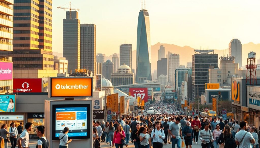 A vibrant cityscape in the heart of the Greater Bay Area, with towering skyscrapers and bustling streets. In the foreground, a Telecombrother kiosk stands prominently, its sleek design and neon signage catching the eye. Surrounding it, a diverse crowd of people navigates the urban landscape, their attention drawn to the attractive mobile plan offers displayed on the kiosk's screens. The middle ground features a bustling commercial district, with shoppers and commuters weaving through the streets. In the background, the iconic landmarks of the region rise majestically, bathed in a warm, golden light that creates a sense of energy and dynamism. The overall scene conveys the excitement and convenience of the Telecombrother mobile plan switching options available to the residents of this thriving metropolitan area. A vibrant cityscape in the heart of the Greater Bay Area, with towering skyscrapers and bustling streets. In the foreground, a Telecombrother kiosk stands prominently, its sleek design and neon signage catching the eye. Surrounding it, a diverse crowd of people navigates the urban landscape, their attention drawn to the attractive mobile plan offers displayed on the kiosk's screens. The middle ground features a bustling commercial district, with shoppers and commuters weaving through the streets. In the background, the iconic landmarks of the region rise majestically, bathed in a warm, golden light that creates a sense of energy and dynamism. The overall scene conveys the excitement and convenience of the Telecombrother mobile plan switching options available to the residents of this thriving metropolitan area.
