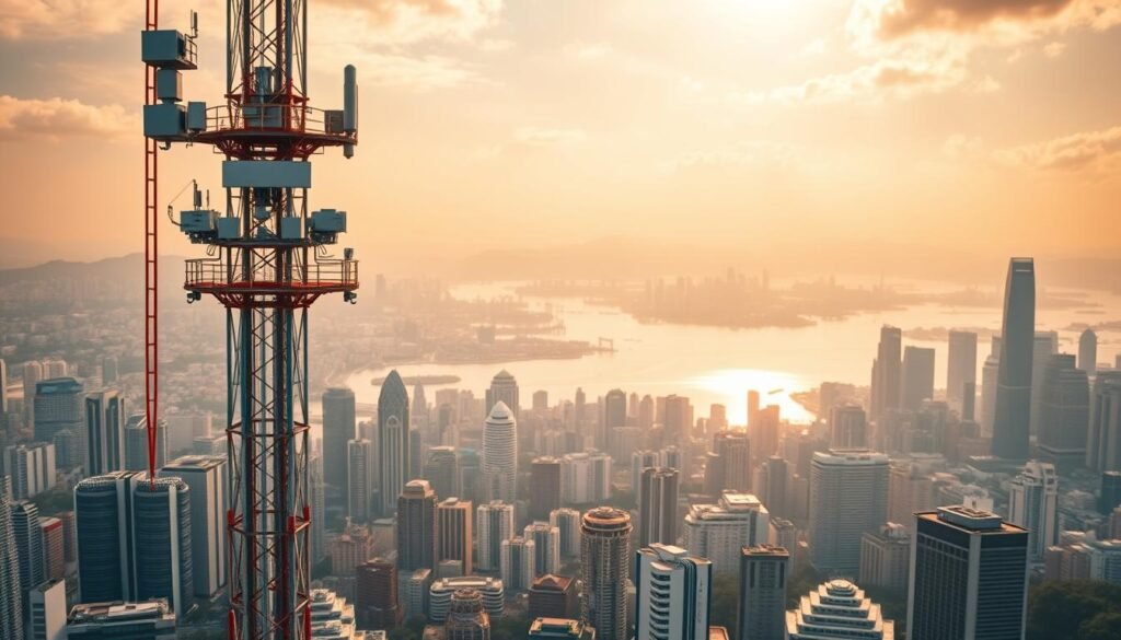 A vibrant panoramic view of the Greater Bay Area, showcasing the seamless connectivity between Guangdong, Hong Kong, and Macau. In the foreground, a Telecombrother 5G tower stands tall, symbolizing the advanced telecommunications infrastructure that enables effortless roaming and data access across the region. The middle ground features a bustling cityscape, with modern skyscrapers and transportation hubs, reflecting the dynamic and thriving economy of the area. In the background, the iconic landmarks of the three territories can be seen, bathed in a warm, golden light that evokes a sense of prosperity and opportunity. The overall scene conveys the convenience and benefits of the "Greater Bay Area Roaming Offer" for users, seamlessly integrating technology, commerce, and the distinct cultural identities of this vibrant region.