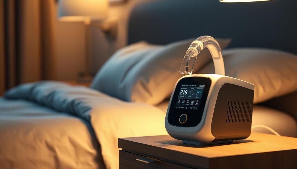 A well-designed iCareCPAP sleep apnea machine resting on a bedside table, bathed in soft, warm lighting. The machine's sleek, modern design stands out against the muted tones of the bedroom interior. The machine's user interface is clearly visible, inviting the viewer to imagine its ease of use. In the background, a cozy, comfortable bed hints at the importance of quality sleep facilitated by the iCareCPAP device. The scene conveys a sense of calm, relaxation, and the crucial role this medical equipment plays in supporting healthy sleep patterns. A well-designed iCareCPAP sleep apnea machine resting on a bedside table, bathed in soft, warm lighting. The machine's sleek, modern design stands out against the muted tones of the bedroom interior. The machine's user interface is clearly visible, inviting the viewer to imagine its ease of use. In the background, a cozy, comfortable bed hints at the importance of quality sleep facilitated by the iCareCPAP device. The scene conveys a sense of calm, relaxation, and the crucial role this medical equipment plays in supporting healthy sleep patterns.