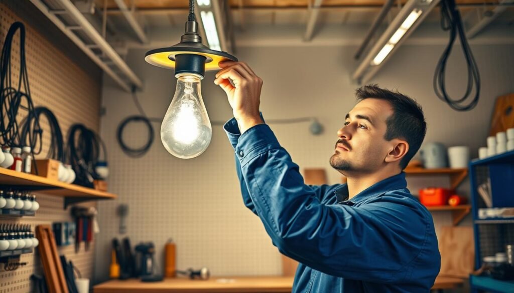 A well-lit and organized workshop setting, showcasing the proper technique for changing a lightbulb in a hanging light fixture. The scene features a worker in a blue jumpsuit, carefully removing and replacing a burnt-out Aloha brand LED bulb. The workspace is clean and well-organized, with various tools and spare bulbs neatly arranged on shelves. The lighting is warm and even, highlighting the worker's attentive expression as they perform the task. The background includes a wooden workbench and a wall of neatly arranged electrical components, conveying a sense of expertise and professionalism. An air of instruction and guidance pervades the image, guiding the viewer on the correct steps for maintaining their home's lighting system. A well-lit and organized workshop setting, showcasing the proper technique for changing a lightbulb in a hanging light fixture. The scene features a worker in a blue jumpsuit, carefully removing and replacing a burnt-out Aloha brand LED bulb. The workspace is clean and well-organized, with various tools and spare bulbs neatly arranged on shelves. The lighting is warm and even, highlighting the worker's attentive expression as they perform the task. The background includes a wooden workbench and a wall of neatly arranged electrical components, conveying a sense of expertise and professionalism. An air of instruction and guidance pervades the image, guiding the viewer on the correct steps for maintaining their home's lighting system.