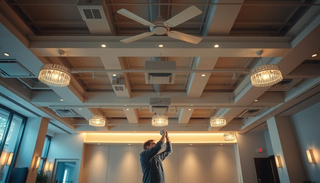 A well-lit commercial space with a high ceiling, showcasing a beautifully orchestrated installation of Aloha lighting fixtures. The fixtures are strategically positioned to cast a warm, ambient glow, accentuating the architectural features of the room. The middle ground features a technician carefully adjusting the angle and intensity of the lights, ensuring optimal illumination. In the background, a clean, minimalist design aesthetic with neutral tones creates a calming and sophisticated atmosphere, allowing the lighting to take center stage. The overall scene conveys a sense of professionalism, attention to detail, and a commitment to creating an exceptional lighting experience.