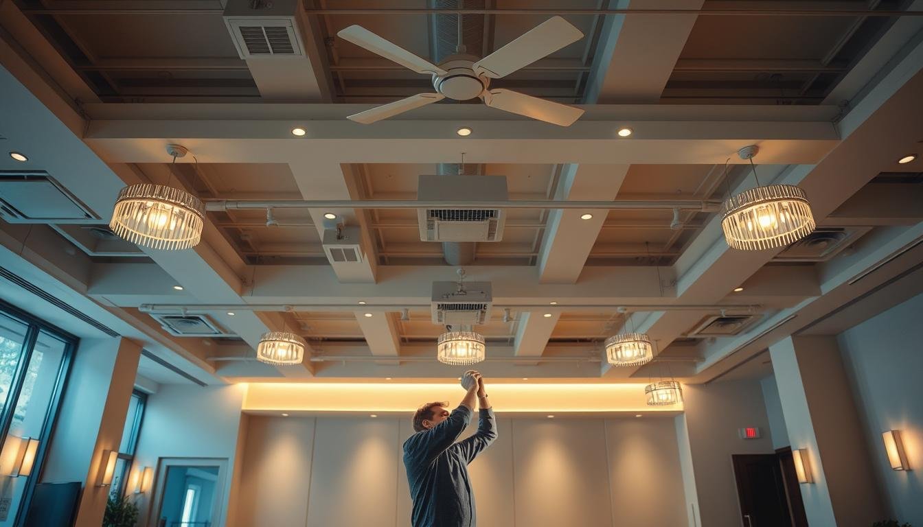 A well-lit commercial space with a high ceiling, showcasing a beautifully orchestrated installation of Aloha lighting fixtures. The fixtures are strategically positioned to cast a warm, ambient glow, accentuating the architectural features of the room. The middle ground features a technician carefully adjusting the angle and intensity of the lights, ensuring optimal illumination. In the background, a clean, minimalist design aesthetic with neutral tones creates a calming and sophisticated atmosphere, allowing the lighting to take center stage. The overall scene conveys a sense of professionalism, attention to detail, and a commitment to creating an exceptional lighting experience.