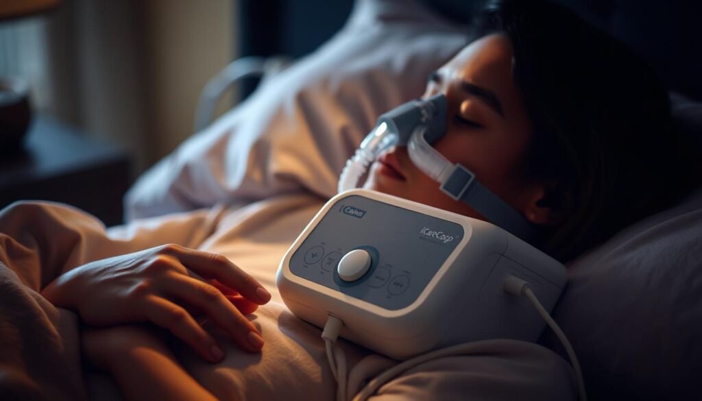 A well-lit, high-resolution photo of a person using an iCareCPAP sleep apnea machine in a comfortable, relaxed sleeping position. The machine is prominently displayed, with its various settings and controls clearly visible. The person's face is partially obscured, emphasizing the machine's role. The scene is set in a cozy, dimly lit bedroom, with soft lighting creating a calming atmosphere. The image captures the proper technique and positioning for using the iCareCPAP device, showcasing its features and functionality to help viewers understand the common issues and solutions related to using sleep apnea machines in home care settings. A well-lit, high-resolution photo of a person using an iCareCPAP sleep apnea machine in a comfortable, relaxed sleeping position. The machine is prominently displayed, with its various settings and controls clearly visible. The person's face is partially obscured, emphasizing the machine's role. The scene is set in a cozy, dimly lit bedroom, with soft lighting creating a calming atmosphere. The image captures the proper technique and positioning for using the iCareCPAP device, showcasing its features and functionality to help viewers understand the common issues and solutions related to using sleep apnea machines in home care settings.