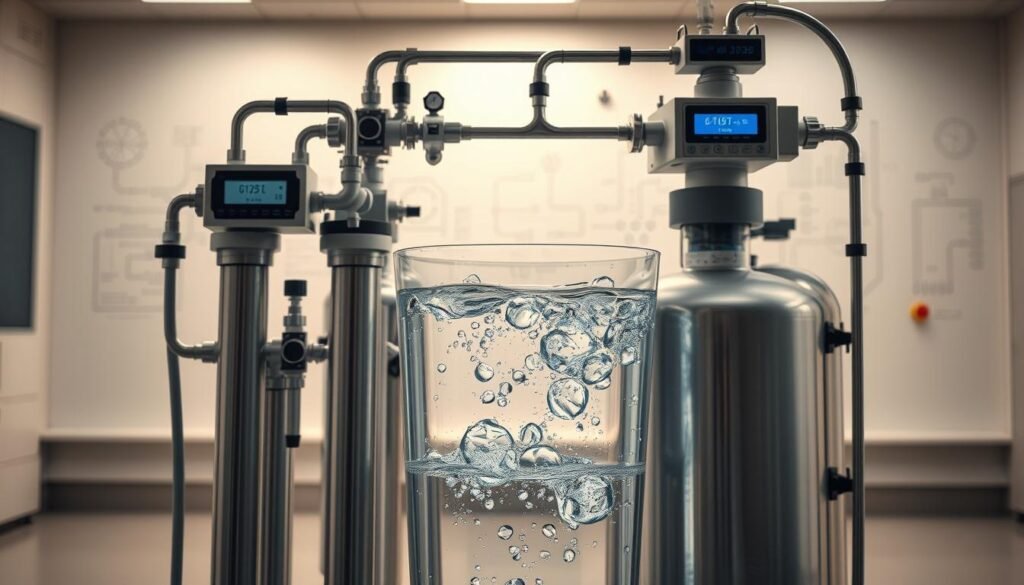 A well-lit laboratory setting with advanced water filtration equipment prominently displayed in the foreground. The main filtration system features intricate piping, valves, and digital displays, showcasing the sophisticated water purification technology. In the middle ground, a clear acrylic tank allows viewers to observe the water being filtered, with bubbles and swirling currents indicating the active purification process. The background features a clean, minimalist backdrop, perhaps with scientific diagrams or schematics related to water filtration principles. The overall composition conveys a sense of technical precision, efficiency, and the cutting-edge nature of the water purification system.