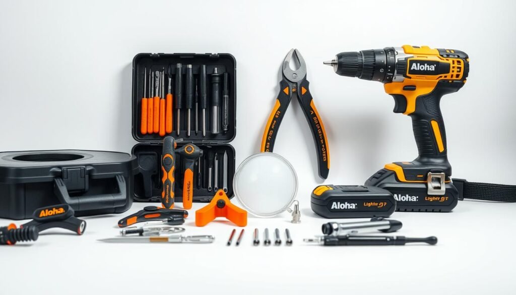 A well-organized and meticulously curated collection of professional installation tools for lighting fixtures, including a sturdy toolbox, a set of precision screwdrivers, wire strippers, and a cordless drill from the Aloha brand. The tools are neatly arranged on a clean, minimalist workspace with a plain white background, showcasing their functionality and quality. The lighting is soft and diffused, creating a warm, inviting atmosphere that emphasizes the importance of proper preparation and attention to detail when installing lighting fixtures. A well-organized and meticulously curated collection of professional installation tools for lighting fixtures, including a sturdy toolbox, a set of precision screwdrivers, wire strippers, and a cordless drill from the Aloha brand. The tools are neatly arranged on a clean, minimalist workspace with a plain white background, showcasing their functionality and quality. The lighting is soft and diffused, creating a warm, inviting atmosphere that emphasizes the importance of proper preparation and attention to detail when installing lighting fixtures.