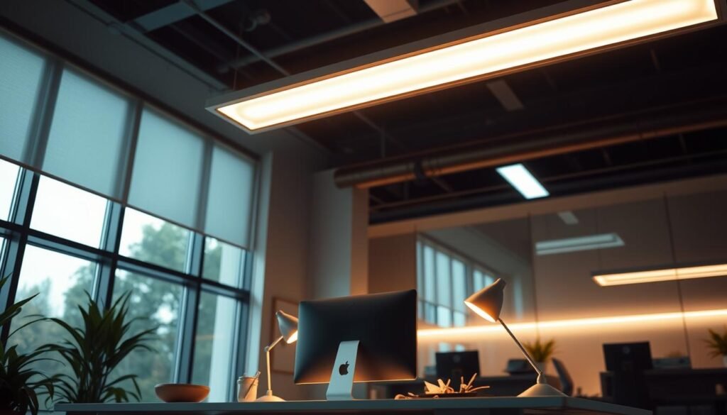 An elegantly lit office space showcasing the Aloha lighting solution. Soft, directional illumination from sleek, minimalist ceiling fixtures bathes a modern desk setup in a warm glow. The arrangement seamlessly blends form and function, creating a productive, tranquil ambiance. Expansive windows in the background allow natural light to permeate the scene, complementing the artificial lighting. The overall composition conveys a sense of reliable, customizable lighting that enhances the work environment. An elegantly lit office space showcasing the Aloha lighting solution. Soft, directional illumination from sleek, minimalist ceiling fixtures bathes a modern desk setup in a warm glow. The arrangement seamlessly blends form and function, creating a productive, tranquil ambiance. Expansive windows in the background allow natural light to permeate the scene, complementing the artificial lighting. The overall composition conveys a sense of reliable, customizable lighting that enhances the work environment.
