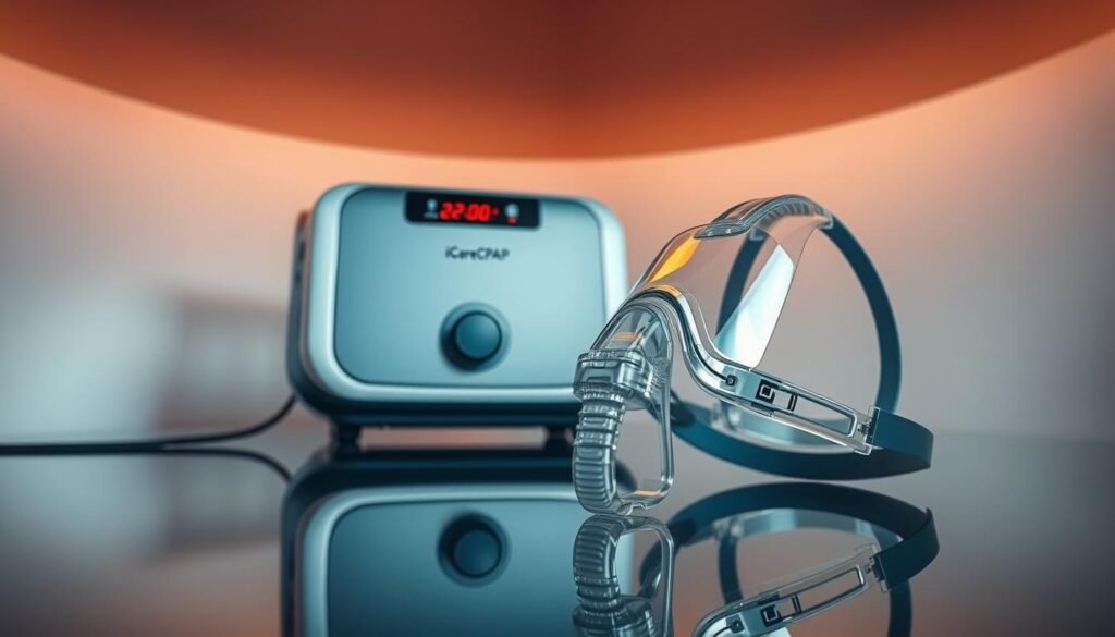 High-resolution detailed image of a modern sleep apnea machine and CPAP mask placed on a reflective glass surface, illuminated by warm soft lighting from above. The machine has the brand name "iCareCPAP" clearly visible. In the foreground, the CPAP mask is prominently displayed, showcasing its intricate design and comfortable fit. The background features a minimalist setting with subtle shadows and highlights, creating a clean and serene atmosphere. The overall composition emphasizes the functionality, quality, and ease of use of the sleep apnea device and its accessories. High-resolution detailed image of a modern sleep apnea machine and CPAP mask placed on a reflective glass surface, illuminated by warm soft lighting from above. The machine has the brand name "iCareCPAP" clearly visible. In the foreground, the CPAP mask is prominently displayed, showcasing its intricate design and comfortable fit. The background features a minimalist setting with subtle shadows and highlights, creating a clean and serene atmosphere. The overall composition emphasizes the functionality, quality, and ease of use of the sleep apnea device and its accessories.