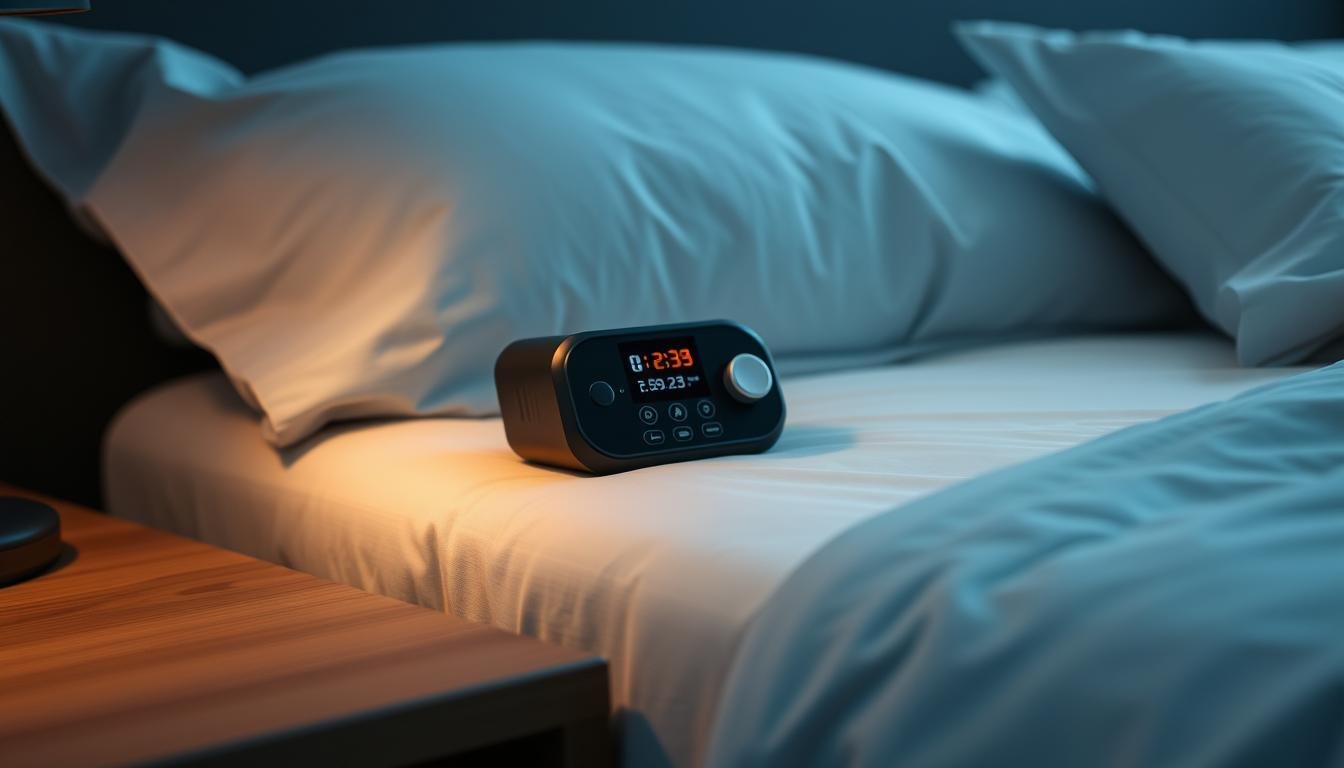 A compact, portable sleep apnea machine designed for travel, the iCareCPAP features a sleek, modern design with a matte black finish. Detailed with smooth, rounded edges and a minimalist control panel, it rests comfortably on a nightstand. Backlit display indicators clearly show power, pressure, and status. Compact and lightweight, the iCareCPAP is easy to pack for any journey, with a carrying case for easy transport. High-quality components ensure reliable performance, delivering effective sleep therapy on the go. Soft, adjustable airflow and whisper-quiet operation create a peaceful, restful sleep environment. Thoughtfully engineered for the modern traveler, the iCareCPAP is the ultimate portable sleep apnea solution.