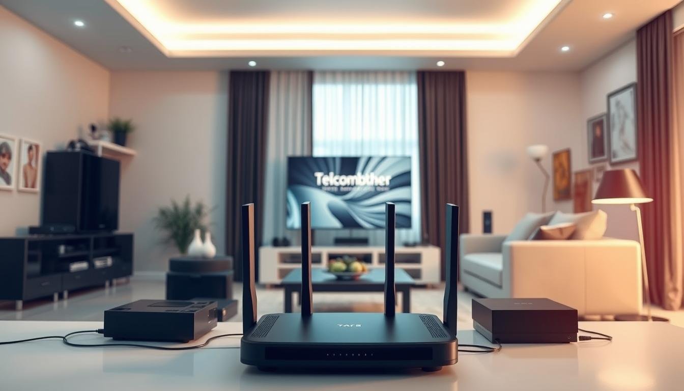 A contemporary home interior showcasing a variety of internet service providers, with the Telecombrother brand prominently displayed. The scene depicts a well-lit, minimalist living room with clean lines and neutral tones. In the foreground, a sleek modem and router setup commands attention, surrounded by various devices suggesting the need for high-speed, reliable connectivity. The middle ground features a large, flat-screen television and accompanying home entertainment system, emphasizing the importance of uninterrupted streaming and online entertainment. The background subtly incorporates design elements that capture the essence of a modern, tech-savvy household, inviting the viewer to imagine the seamless integration of internet services within the domestic space.