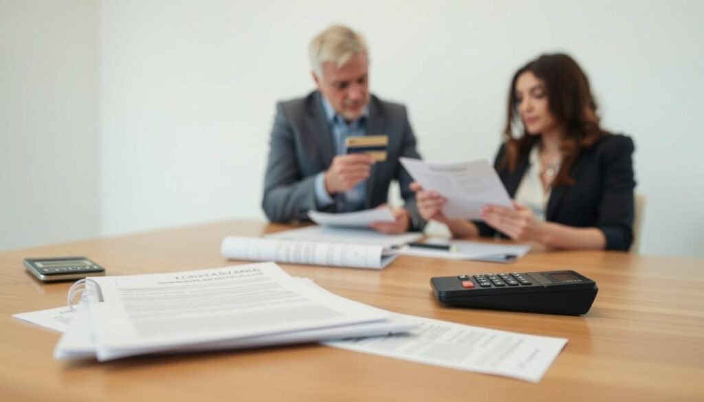 A detailed comparison of personal loans and credit card cash advances, set against a clean, professional backdrop. In the foreground, financial documents and calculators neatly arranged, symbolizing the detailed analysis. The middle ground features two people, one holding a credit card, the other reviewing loan paperwork, engaged in thoughtful discussion. The background is a minimalist office setting, with clean lines and muted tones, creating a sense of measured, informed decision-making. Soft, directional lighting accentuates the serious yet approachable tone. The scene conveys the gravity of the financial choice, while inviting the viewer to carefully weigh the options. A detailed comparison of personal loans and credit card cash advances, set against a clean, professional backdrop. In the foreground, financial documents and calculators neatly arranged, symbolizing the detailed analysis. The middle ground features two people, one holding a credit card, the other reviewing loan paperwork, engaged in thoughtful discussion. The background is a minimalist office setting, with clean lines and muted tones, creating a sense of measured, informed decision-making. Soft, directional lighting accentuates the serious yet approachable tone. The scene conveys the gravity of the financial choice, while inviting the viewer to carefully weigh the options.