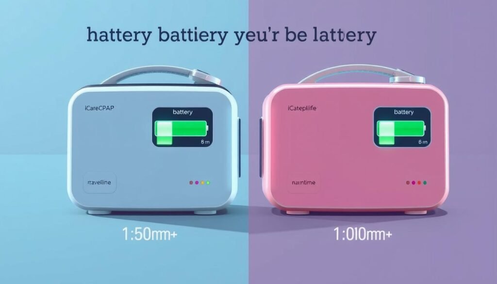 A detailed comparison of the battery life performance between a compact iCareCPAP travel sleep apnea machine and a standard home sleep apnea device, captured in a clean, technical illustration. The image shows the two devices side-by-side, with clear indicators of their respective battery runtimes, presented in an intuitive, data-driven layout. The lighting is cool and clinical, with a muted color palette emphasizing the technical nature of the subject matter. The composition uses a high-angle perspective to convey a sense of precision and attention to detail. The overall mood is one of informative, data-driven comparison. A detailed comparison of the battery life performance between a compact iCareCPAP travel sleep apnea machine and a standard home sleep apnea device, captured in a clean, technical illustration. The image shows the two devices side-by-side, with clear indicators of their respective battery runtimes, presented in an intuitive, data-driven layout. The lighting is cool and clinical, with a muted color palette emphasizing the technical nature of the subject matter. The composition uses a high-angle perspective to convey a sense of precision and attention to detail. The overall mood is one of informative, data-driven comparison.