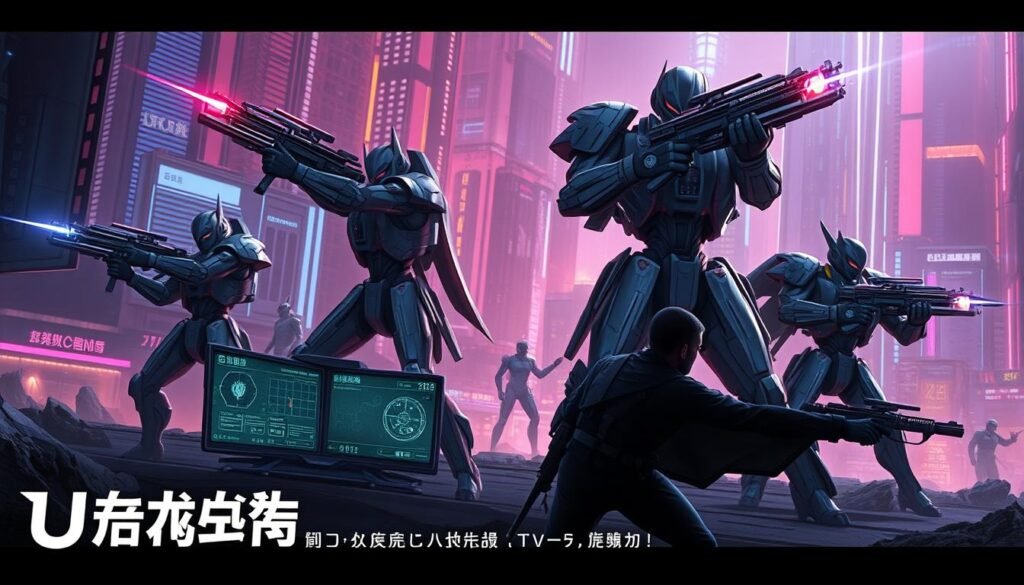 A detailed illustration of the "UTown 測試版雷神策略", showcasing its three key advantages. Set in a futuristic cyberpunk landscape, with bold, neon-lit cityscape in the background, and a central focus on a group of warriors wielding advanced, glowing weaponry. Dramatic lighting casts sharp shadows, creating a sense of action and dynamism. The foreground features the key tactical elements, with sleek, angular mech suits, tactical displays, and nimble, agile figures executing maneuvers. The overall mood is one of technological prowess, strategic mastery, and battlefield superiority.