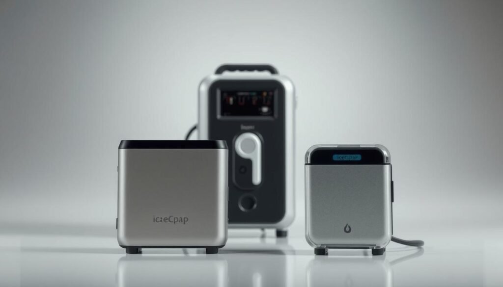 A detailed side-by-side comparison of the compact and portable iCareCPAP sleep apnea machine alongside a standard CPAP device. The iCareCPAP model is prominently featured in the foreground, showcasing its sleek and streamlined design. In the middle ground, the larger conventional CPAP unit is displayed, emphasizing the significant size difference. The background softly fades, allowing the focus to remain on the size contrast between the two machines. Gentle studio lighting highlights the materiality and finishes of the devices, conveying a sense of quality and sophistication. The overall mood is one of clinical precision and functional elegance, reflecting the technical nature of the subject matter. A detailed side-by-side comparison of the compact and portable iCareCPAP sleep apnea machine alongside a standard CPAP device. The iCareCPAP model is prominently featured in the foreground, showcasing its sleek and streamlined design. In the middle ground, the larger conventional CPAP unit is displayed, emphasizing the significant size difference. The background softly fades, allowing the focus to remain on the size contrast between the two machines. Gentle studio lighting highlights the materiality and finishes of the devices, conveying a sense of quality and sophistication. The overall mood is one of clinical precision and functional elegance, reflecting the technical nature of the subject matter.