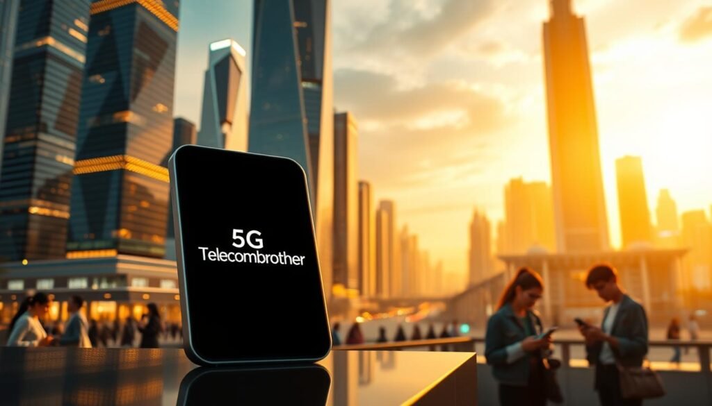 A futuristic cityscape with towering skyscrapers and glowing 5G network infrastructure. In the foreground, a sleek, minimalist mobile device with the Telecombrother logo emblazoned on its surface, showcasing the latest 5G technology. The middle ground features a bustling urban scene, with people using their smartphones and tablets, seamlessly connected to the high-speed network. The background is bathed in a warm, golden light, suggesting the accessibility and widespread adoption of 5G services. The overall mood is one of progress, innovation, and the democratization of cutting-edge technology.