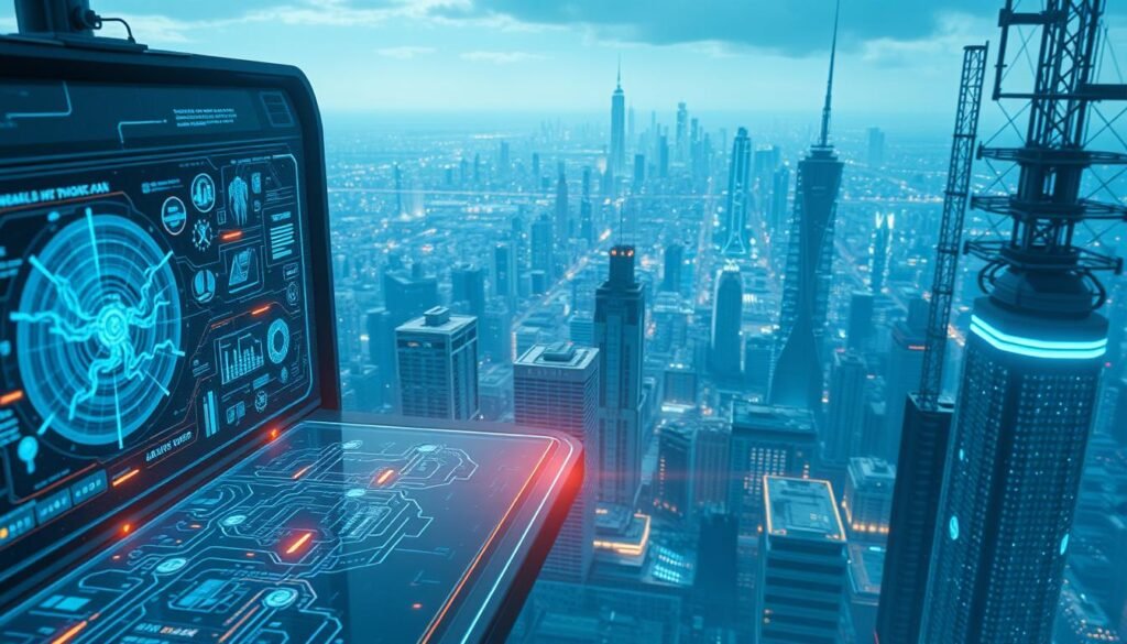 A futuristic landscape depicting the evolution of the UTown "Raijin" signal technology. In the foreground, a sleek holographic interface showcases intricate data visualizations, pulsing with dynamic energy. The middle ground features advanced neural network servers, their interconnected circuitry glowing with an ethereal light. In the background, a vast cityscape stretches out, its skyscrapers and towers adorned with cutting-edge communication arrays, hinting at the seamless integration of the "Raijin" signal into the urban fabric. The scene is bathed in a cool, blue-tinted lighting, creating a sense of technological sophistication and future-forward progression. A futuristic landscape depicting the evolution of the UTown "Raijin" signal technology. In the foreground, a sleek holographic interface showcases intricate data visualizations, pulsing with dynamic energy. The middle ground features advanced neural network servers, their interconnected circuitry glowing with an ethereal light. In the background, a vast cityscape stretches out, its skyscrapers and towers adorned with cutting-edge communication arrays, hinting at the seamless integration of the "Raijin" signal into the urban fabric. The scene is bathed in a cool, blue-tinted lighting, creating a sense of technological sophistication and future-forward progression.