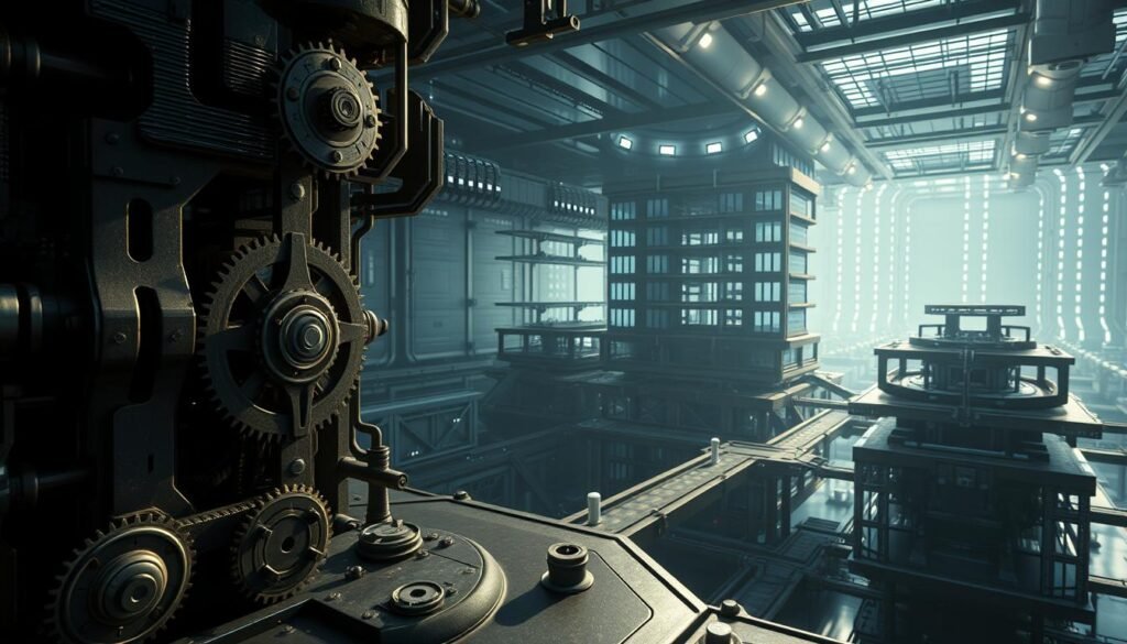 A high-contrast, architectural illustration of a complex, interconnected grid-based system for consecutive symbol elimination, rendered in the UTown visual style. The foreground depicts a close-up view of the mechanism's intricate gears, levers, and cogs, conveying a sense of precise, mechanical operation. The middle ground showcases the overall structure, with overlapping layers of interlocking modules and pathways. The background subtly hints at a futuristic, technological environment, with subtle hints of metallic surfaces and glowing accents. Dramatic lighting from multiple angles highlights the depth and dynamism of the system, creating a sense of energy and purpose.
