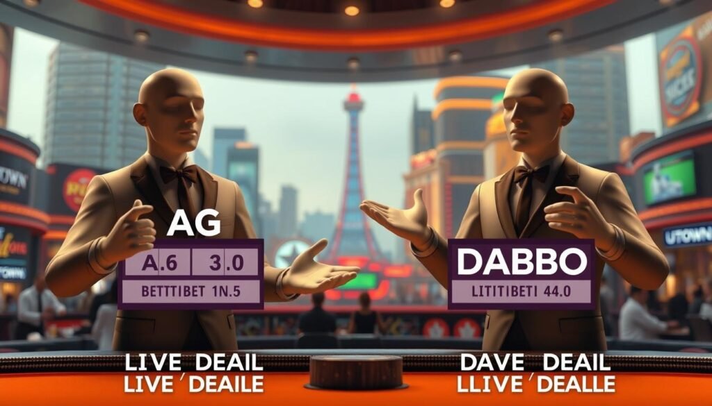 A high-resolution, detailed, and photorealistic image of a comparison between the betting limits of AG Live Dealer and Dabo Live Dealer platforms, set against the backdrop of the UTown entertainment city. The scene features two life-sized human figures representing the AG and Dabo dealers, standing side by side and gesturing towards their respective betting limit displays. The lighting is natural and diffused, creating a warm and inviting atmosphere. The camera angle is slightly elevated, providing a clear view of the scene. The image conveys a sense of professionalism and attention to detail, highlighting the unique features and differences between the two live dealer platforms. A high-resolution, detailed, and photorealistic image of a comparison between the betting limits of AG Live Dealer and Dabo Live Dealer platforms, set against the backdrop of the UTown entertainment city. The scene features two life-sized human figures representing the AG and Dabo dealers, standing side by side and gesturing towards their respective betting limit displays. The lighting is natural and diffused, creating a warm and inviting atmosphere. The camera angle is slightly elevated, providing a clear view of the scene. The image conveys a sense of professionalism and attention to detail, highlighting the unique features and differences between the two live dealer platforms.