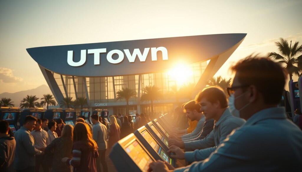 A serene, luminous landscape featuring the UTown brand name prominently displayed on a sleek, futuristic structure. The building's gleaming exterior reflects the warm glow of the sun, creating a sense of technological advancement and prosperity. In the foreground, a group of people engage in various electronic gaming activities, their faces filled with excitement and concentration. The overall scene conveys an atmosphere of fairness, security, and high returns, as indicated by the subtle hues and clean design elements. Soft shadows and a slightly hazy depth of field add depth and a sense of sophistication to the image. A serene, luminous landscape featuring the UTown brand name prominently displayed on a sleek, futuristic structure. The building's gleaming exterior reflects the warm glow of the sun, creating a sense of technological advancement and prosperity. In the foreground, a group of people engage in various electronic gaming activities, their faces filled with excitement and concentration. The overall scene conveys an atmosphere of fairness, security, and high returns, as indicated by the subtle hues and clean design elements. Soft shadows and a slightly hazy depth of field add depth and a sense of sophistication to the image.