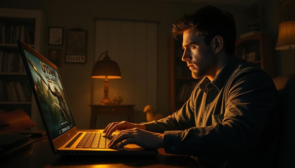 A stunning, photorealistic digital illustration depicting the strategic moment of purchasing the free-to-play game "UTown: Thundergod's Hammer". Set in a dimly lit, cozy living room, a person sits intently at a desk, laptop open, contemplating the optimal timing to acquire the game. Warm lighting bathes the scene, creating a pensive, introspective atmosphere. The foreground features the person's hands hovering over the keyboard, their expression one of focused deliberation. In the middle ground, the laptop screen displays the game's title and download button, hinting at the pivotal decision at hand. The background showcases a bookshelf and a few personal mementos, suggesting a dedicated gamer's sanctuary. The overall composition conveys the gravity and importance of this strategic gaming moment.