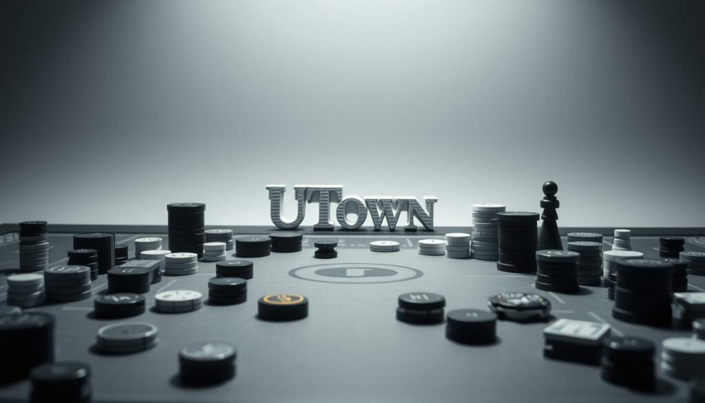 A thoughtful, strategic board game layout against a clean, minimalist background. In the foreground, a variety of custom gaming tokens and pieces in shades of black, white, and gray, arranged in a symmetrical pattern to suggest different betting options. Subtle lighting from above casts dramatic shadows, creating depth and dimension. In the middle ground, the UTown logo appears subtly embossed, hinting at the high-quality, premium nature of the game. The background is a serene, muted gradient, allowing the central gaming elements to take center stage and convey a sense of focus and deliberation. Overall, the image should evoke a feeling of careful planning, strategic thinking, and the thrill of the perfect betting move.
