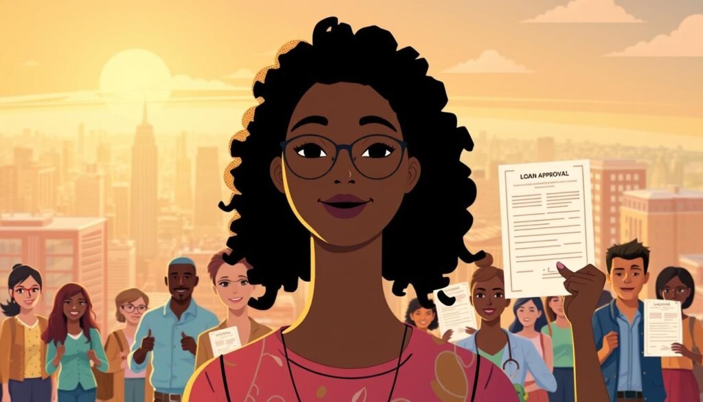 A vibrant illustration showcasing the advantages of private microlending. In the foreground, a diverse group of individuals confidently holding loan approval documents, conveying the accessibility and inclusivity of this lending option. The middle ground depicts a bustling urban landscape, representing the connection between small businesses and local communities. In the background, a warm, golden-hued lighting sets an atmosphere of prosperity and empowerment. The overall scene conveys the agility, personalized support, and transformative potential of private microlending, in contrast to the more traditional banking landscape.