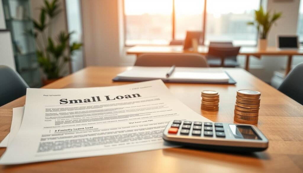 A well-lit tabletop scene depicting a variety of small loan documents, calculator, and a stack of coins, with a warm, professional atmosphere. The foreground features the loan documents in crisp detail, while the background showcases a modern office setting with a minimalist design. The lighting is soft and even, creating a sense of clarity and reliability. The overall composition conveys the idea of comparing different small loan options in a careful, analytical manner. A well-lit tabletop scene depicting a variety of small loan documents, calculator, and a stack of coins, with a warm, professional atmosphere. The foreground features the loan documents in crisp detail, while the background showcases a modern office setting with a minimalist design. The lighting is soft and even, creating a sense of clarity and reliability. The overall composition conveys the idea of comparing different small loan options in a careful, analytical manner.
