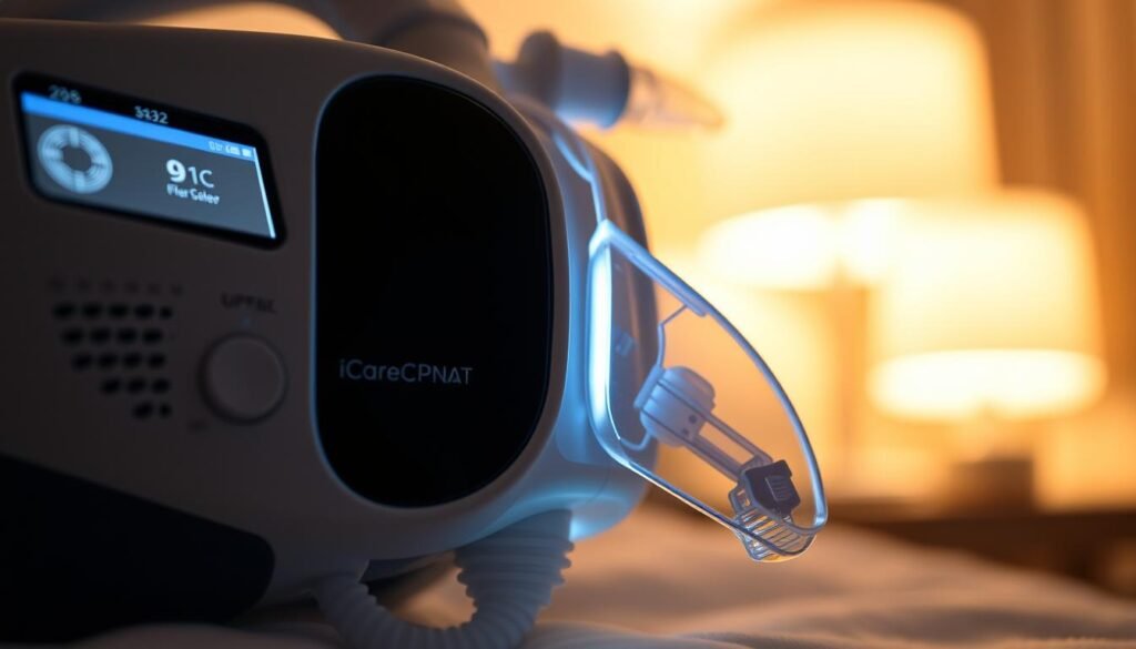 A close-up, detailed view of an iCareCPAP sleep apnea machine. The device is sleek and modern, with a minimalist, intuitive control panel and display. The machine is illuminated with soft, ambient lighting, creating a soothing, therapeutic atmosphere. The foreground showcases the machine's air intake and tubing, while the middle ground highlights the comfortable, adjustable mask. The background is blurred, focusing the viewer's attention on the machine's key features. The overall image conveys the device's high-quality craftsmanship, ease of use, and potential to improve the user's sleep quality and overall health. A close-up, detailed view of an iCareCPAP sleep apnea machine. The device is sleek and modern, with a minimalist, intuitive control panel and display. The machine is illuminated with soft, ambient lighting, creating a soothing, therapeutic atmosphere. The foreground showcases the machine's air intake and tubing, while the middle ground highlights the comfortable, adjustable mask. The background is blurred, focusing the viewer's attention on the machine's key features. The overall image conveys the device's high-quality craftsmanship, ease of use, and potential to improve the user's sleep quality and overall health.