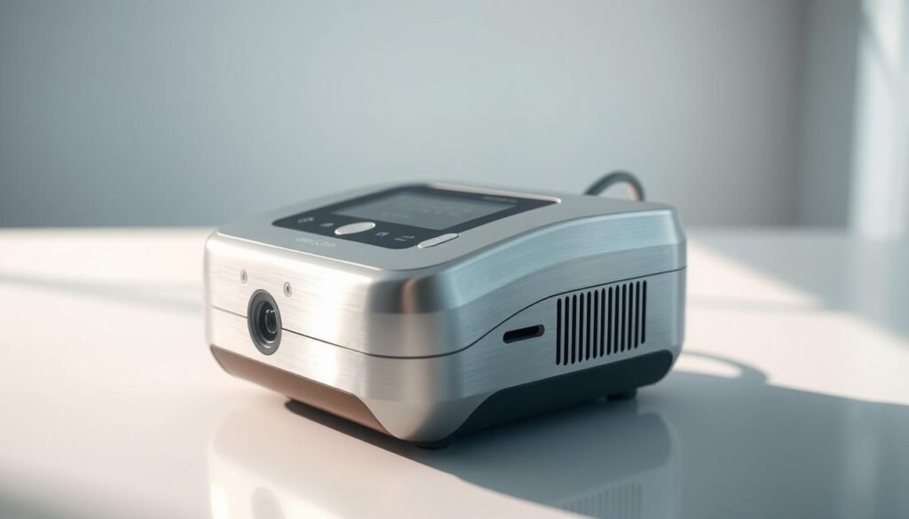 A close-up, high-resolution image of the iCareCPAP sleep apnea machine, showcasing its sleek, modern design with a brushed metal finish. The device is positioned on a clean, minimalist surface, with soft, directional lighting casting subtle shadows to highlight its contours. The image has a sophisticated, clinical atmosphere, emphasizing the machine's advanced technology and medical-grade quality. The perspective is slightly angled to provide a dynamic, three-dimensional view, capturing the device's buttons, air inlet, and overall functionality. The background is softly blurred, keeping the focus on the iCareCPAP machine as the central, attention-grabbing element. A close-up, high-resolution image of the iCareCPAP sleep apnea machine, showcasing its sleek, modern design with a brushed metal finish. The device is positioned on a clean, minimalist surface, with soft, directional lighting casting subtle shadows to highlight its contours. The image has a sophisticated, clinical atmosphere, emphasizing the machine's advanced technology and medical-grade quality. The perspective is slightly angled to provide a dynamic, three-dimensional view, capturing the device's buttons, air inlet, and overall functionality. The background is softly blurred, keeping the focus on the iCareCPAP machine as the central, attention-grabbing element.