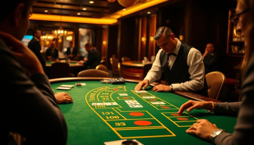 A dimly lit casino table, the green felt surface contrasting with the warm, golden lighting that casts subtle shadows. On the table, the classic baccarat layout is depicted, with the player and banker zones clearly delineated. The dealer, in a crisp white shirt and black vest, stands at the ready, their hands poised to deal the cards. The atmosphere is one of quiet anticipation, as the players, their faces partially obscured, contemplate their next move, immersed in the strategic dance of the baccarat game. The camera angle captures the table from a slightly elevated perspective, giving a sense of the player's role and their place within the larger casino environment.